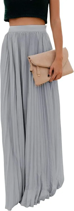 yoeasy Women's Casual Solid Longline Pleated Long Skirt Elastic Waist Chiffon Flowy Maxi Skirts