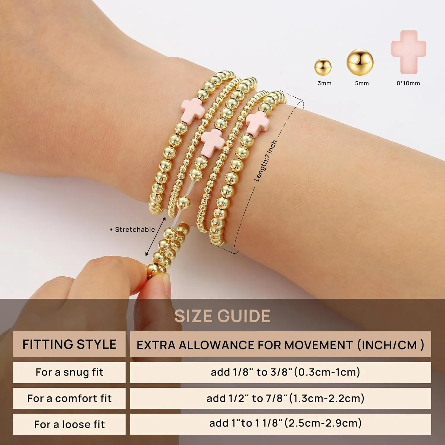 Yoosteel Gold Beaded Bracelets Set for Women, 14K Gold Plated Dainty Round Bead Ball Pearl Cross Bracelet for Women Simplicity Stackable Jewelry Gifts