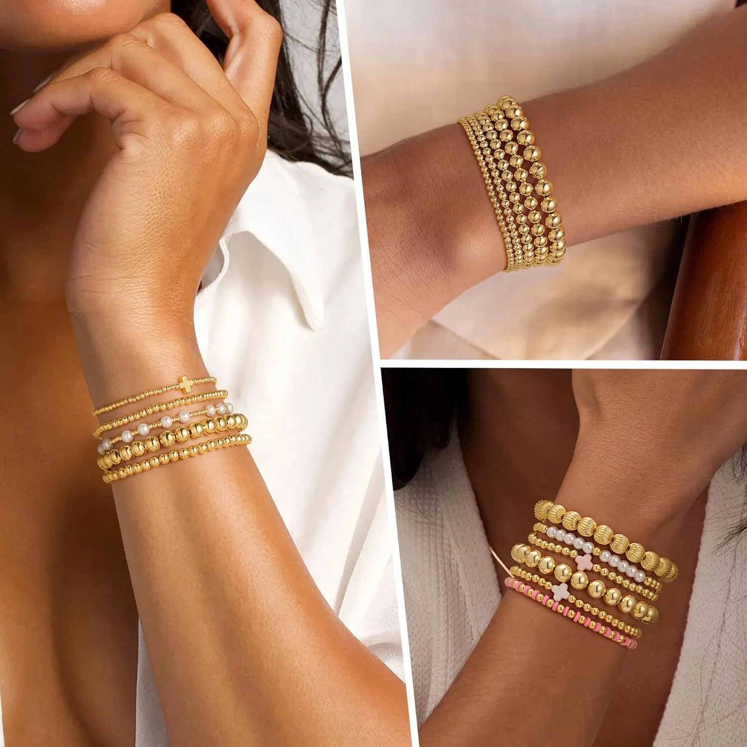 Yoosteel Gold Beaded Bracelets Set for Women, 14K Gold Plated Dainty Round Bead Ball Pearl Cross Bracelet for Women Simplicity Stackable Jewelry Gifts