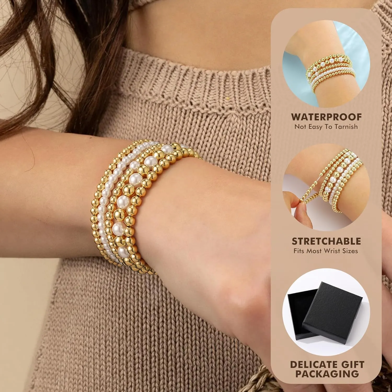 Yoosteel Gold Beaded Bracelets Set for Women, 14K Gold Plated Dainty Round Bead Ball Pearl Cross Bracelet for Women Simplicity Stackable Jewelry Gifts
