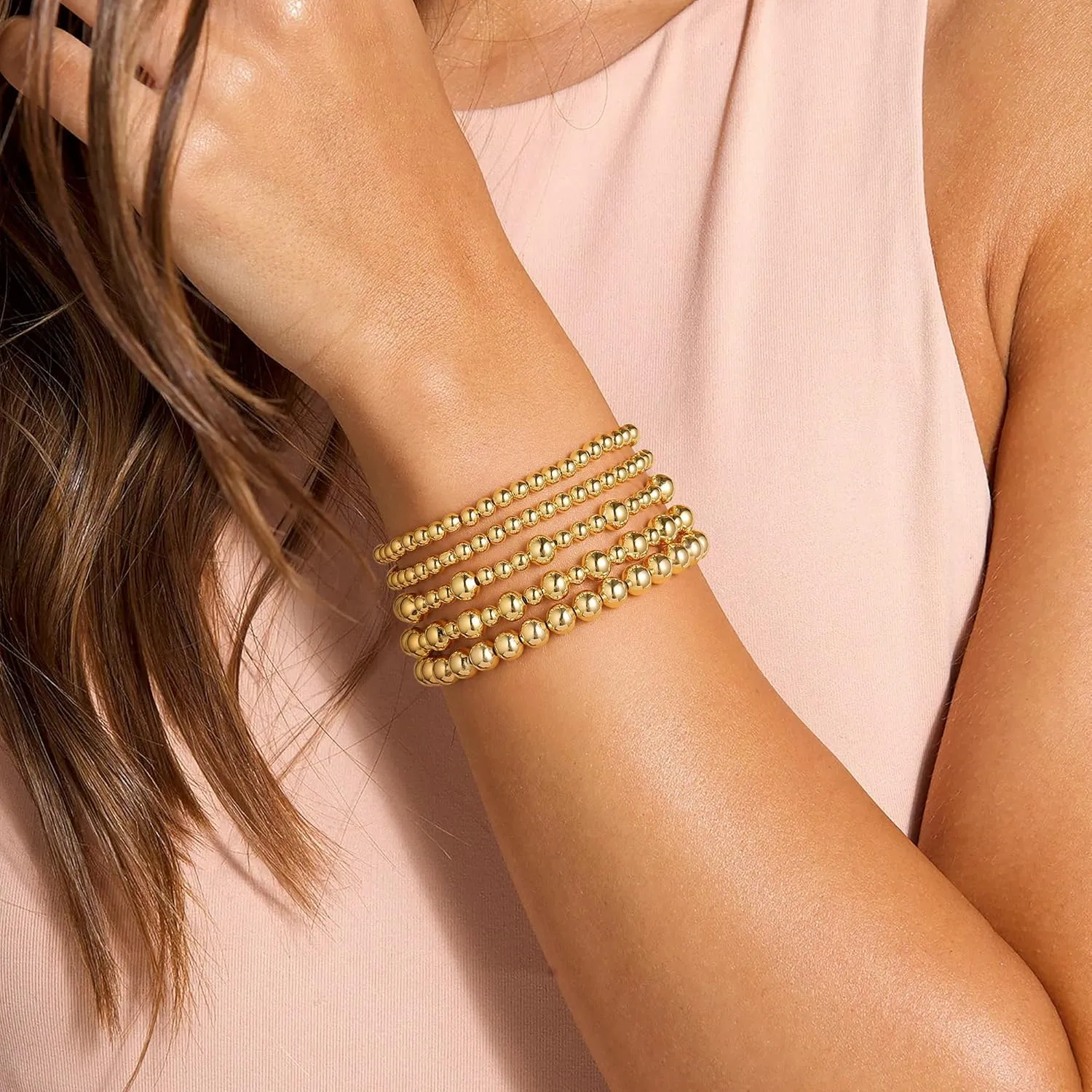 Yoosteel Gold Beaded Bracelets Set for Women, 14K Gold Plated Dainty Round Bead Ball Pearl Cross Bracelet for Women Simplicity Stackable Jewelry Gifts