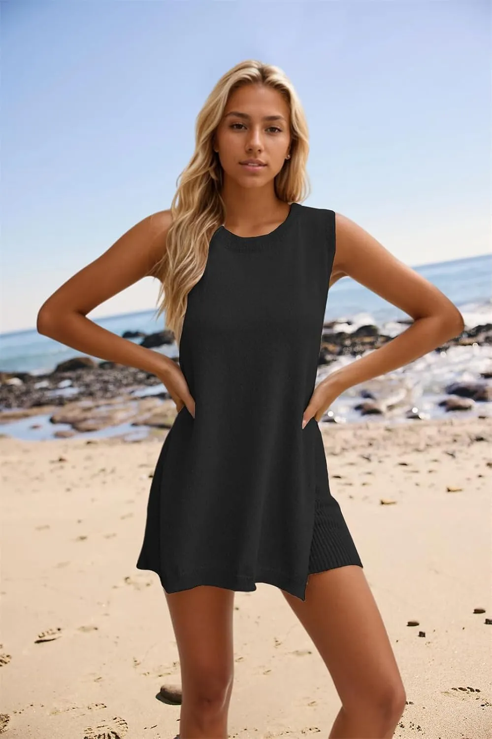 ZQFFB Two Piece Sets For Women Summer Knit Matching Sets Sleeveless Sweater Louge Shorts Outfit