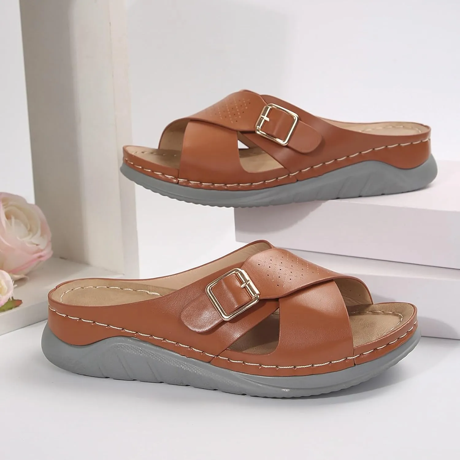 ZSpzx Orthopedic Sandals for Women,2025 Arch Support Wedge Flip Flops Slide Dressy Summer Open Toe Crisscross Straps Slip on Comfortable Slippers Metal Walking Beach Plantar Fasciitis Shoes