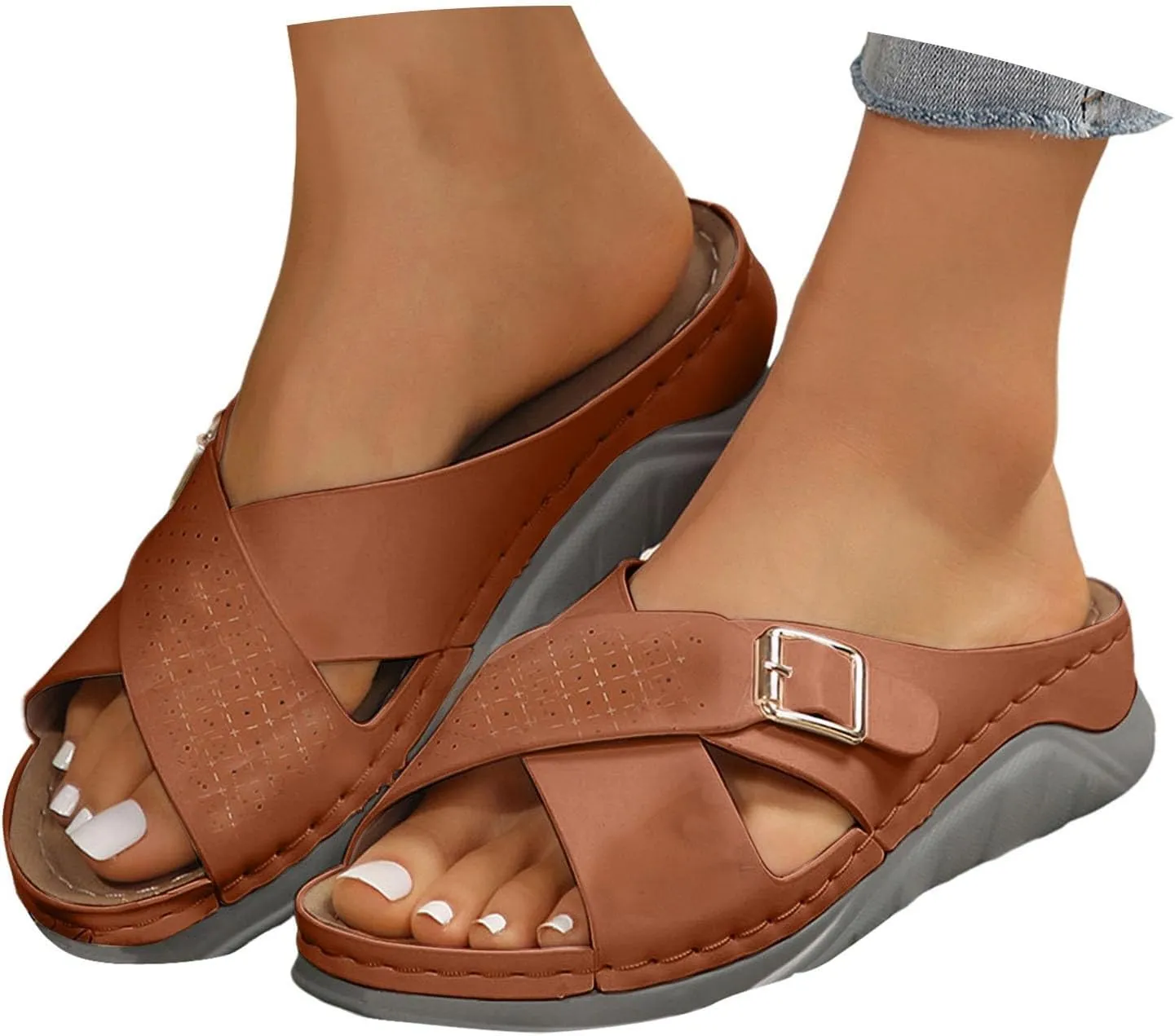 ZSpzx Orthopedic Sandals for Women,2025 Arch Support Wedge Flip Flops Slide Dressy Summer Open Toe Crisscross Straps Slip on Comfortable Slippers Metal Walking Beach Plantar Fasciitis Shoes