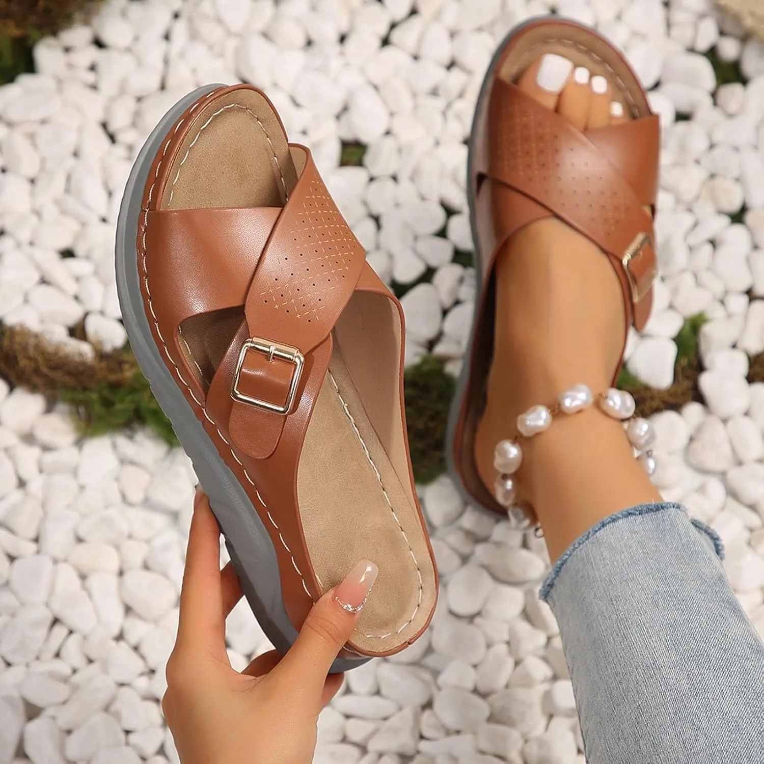 ZSpzx Orthopedic Sandals for Women,2025 Arch Support Wedge Flip Flops Slide Dressy Summer Open Toe Crisscross Straps Slip on Comfortable Slippers Metal Walking Beach Plantar Fasciitis Shoes