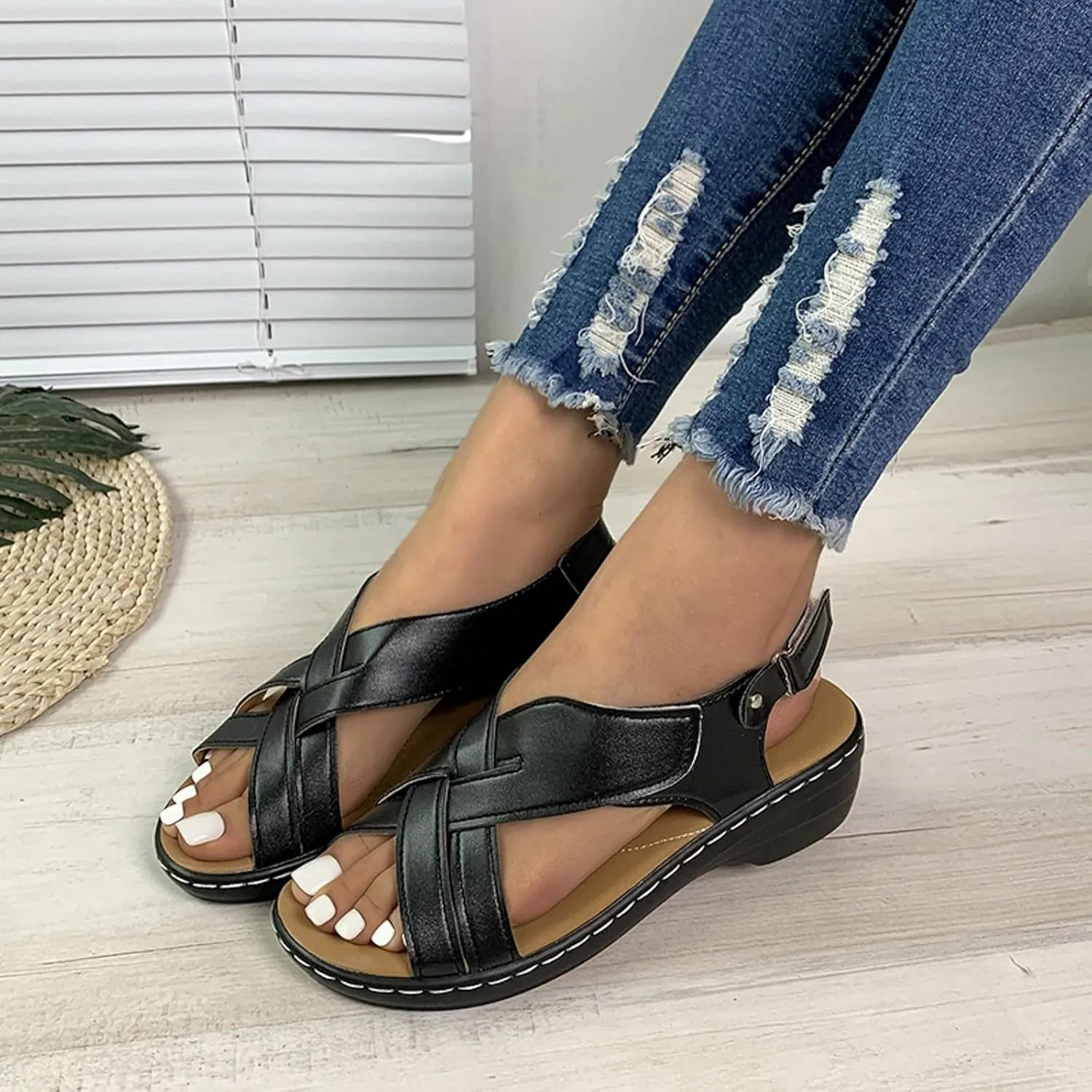 ZSpzx Orthopedic Sandals for Women,2025 Arch Support Wedge Flip Flops Slide Open Toe Crisscross Straps Slip On Dressy Summer Comfortable Slides Memory Foam Walking Beach Shoes