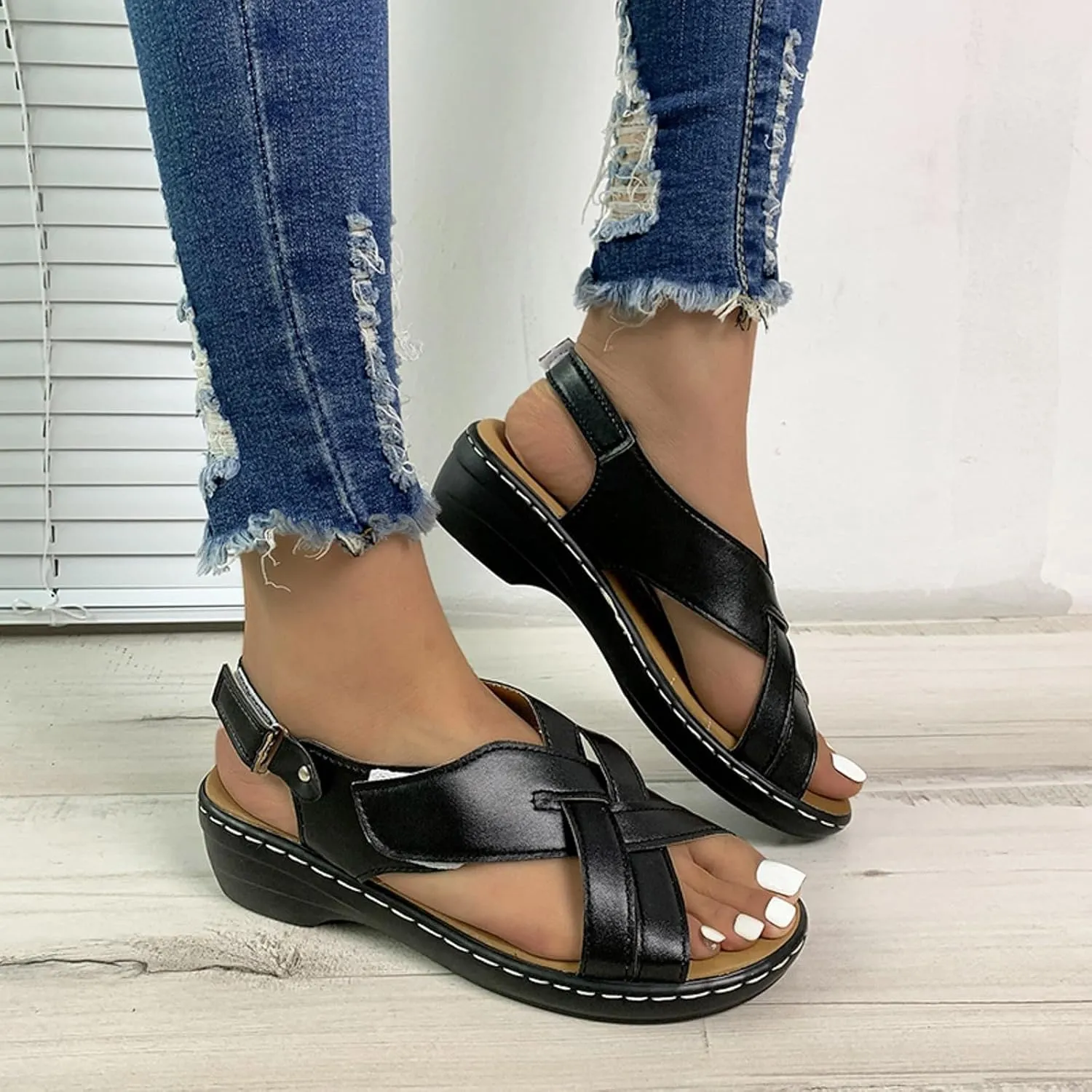 ZSpzx Orthopedic Sandals for Women,2025 Arch Support Wedge Flip Flops Slide Open Toe Crisscross Straps Slip On Dressy Summer Comfortable Slides Memory Foam Walking Beach Shoes