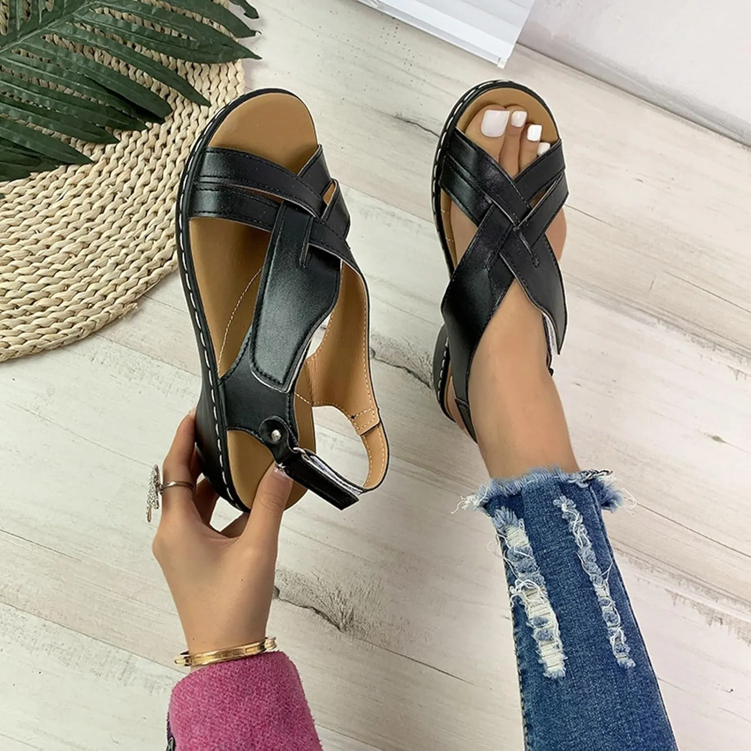 ZSpzx Orthopedic Sandals for Women,2025 Arch Support Wedge Flip Flops Slide Open Toe Crisscross Straps Slip On Dressy Summer Comfortable Slides Memory Foam Walking Beach Shoes
