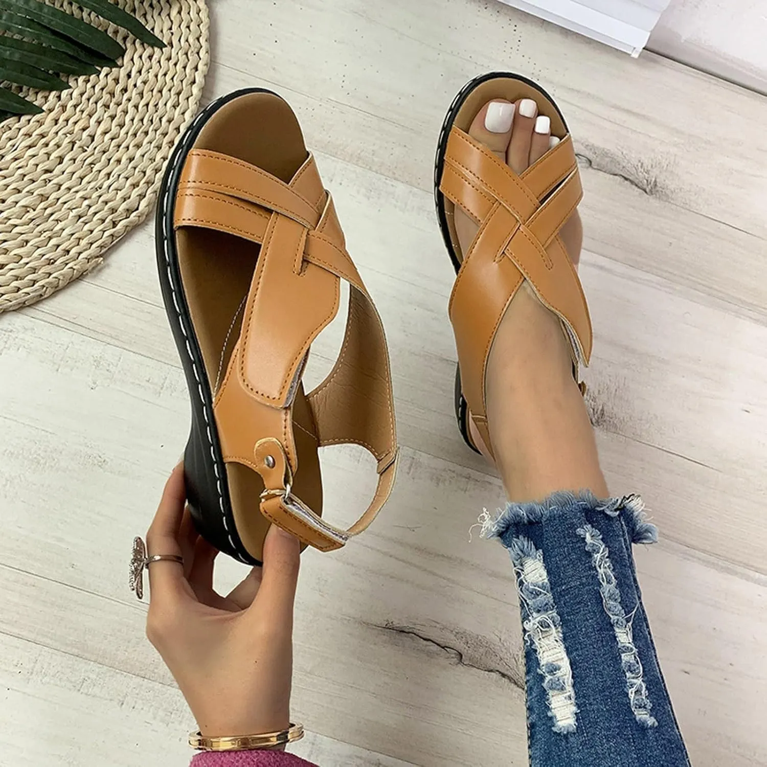 ZSpzx Orthopedic Sandals for Women,2025 Arch Support Wedge Flip Flops Slide Open Toe Crisscross Straps Slip On Dressy Summer Comfortable Slides Memory Foam Walking Beach Shoes