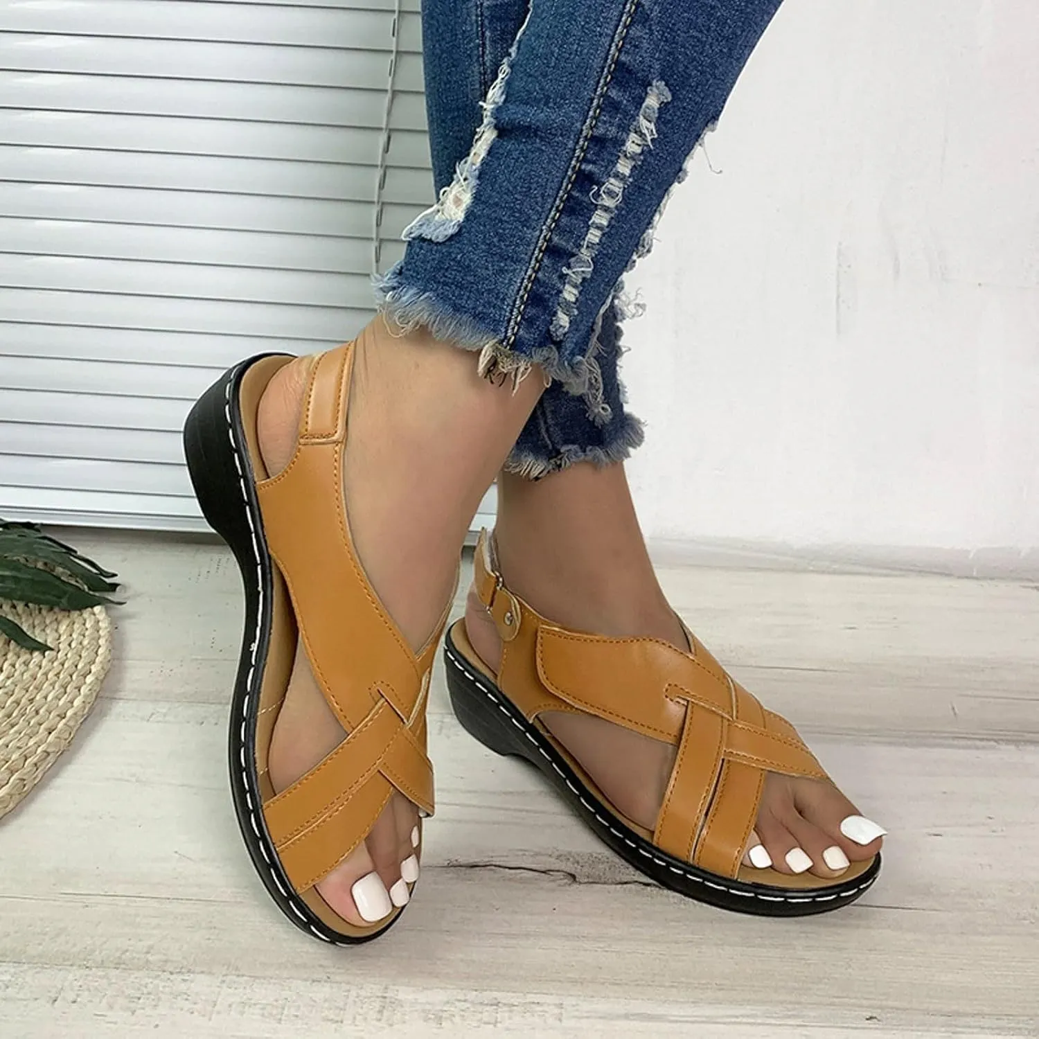 ZSpzx Orthopedic Sandals for Women,2025 Arch Support Wedge Flip Flops Slide Open Toe Crisscross Straps Slip On Dressy Summer Comfortable Slides Memory Foam Walking Beach Shoes
